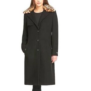 DKNY Black Wool Blend Coat E/ Leopard Print Removable Collar Medium.  Never Worn